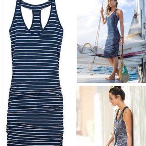 Athleta navy striped ruched dress